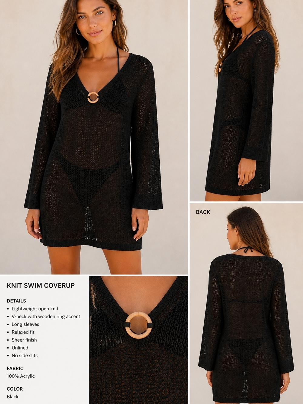 House of Harlow 1960 Black Knit Swim Coverup with Wooden Ring